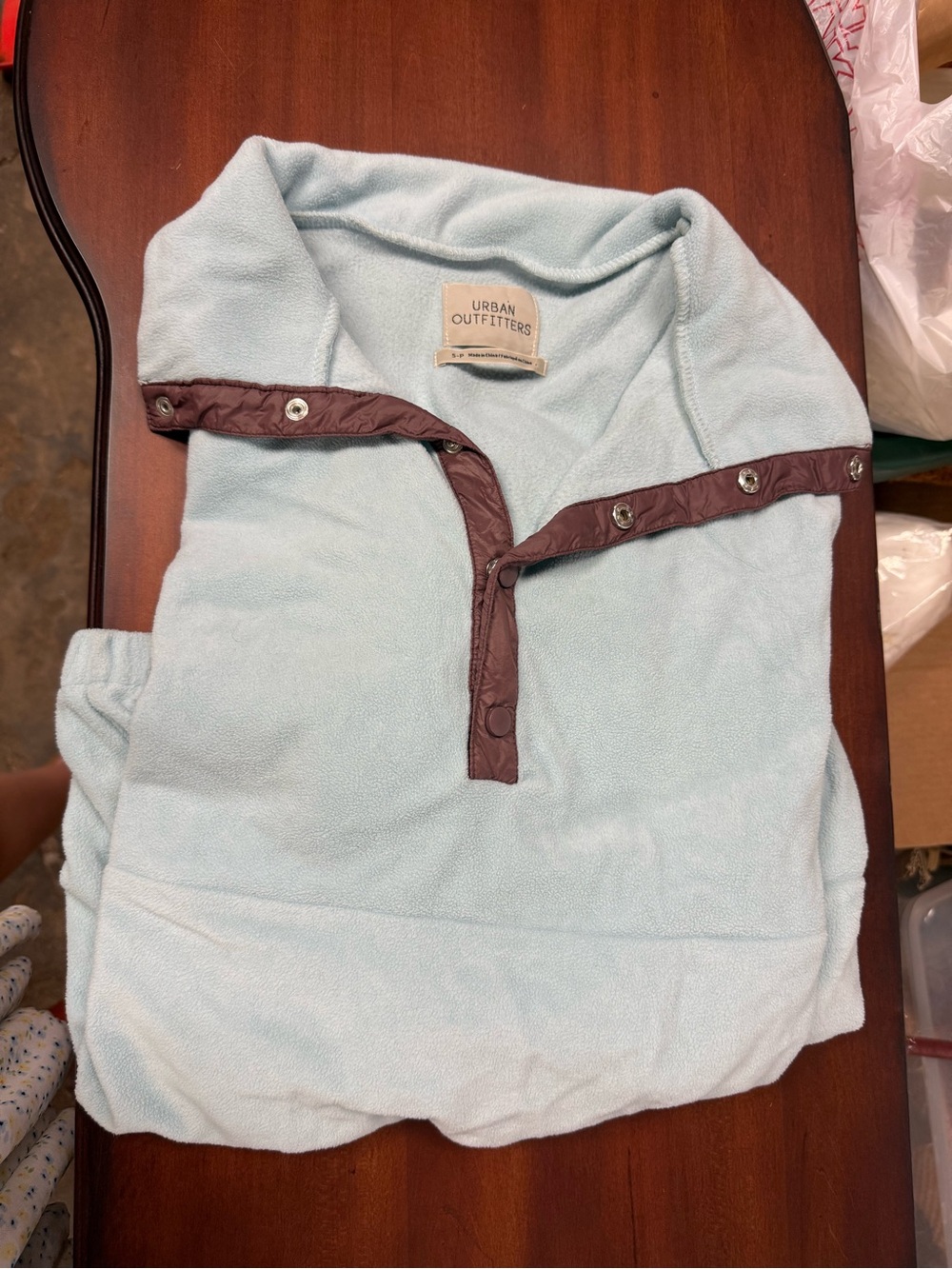 Urban Outfitters Light Blue Fleece Zip Pullover with Brown Trim